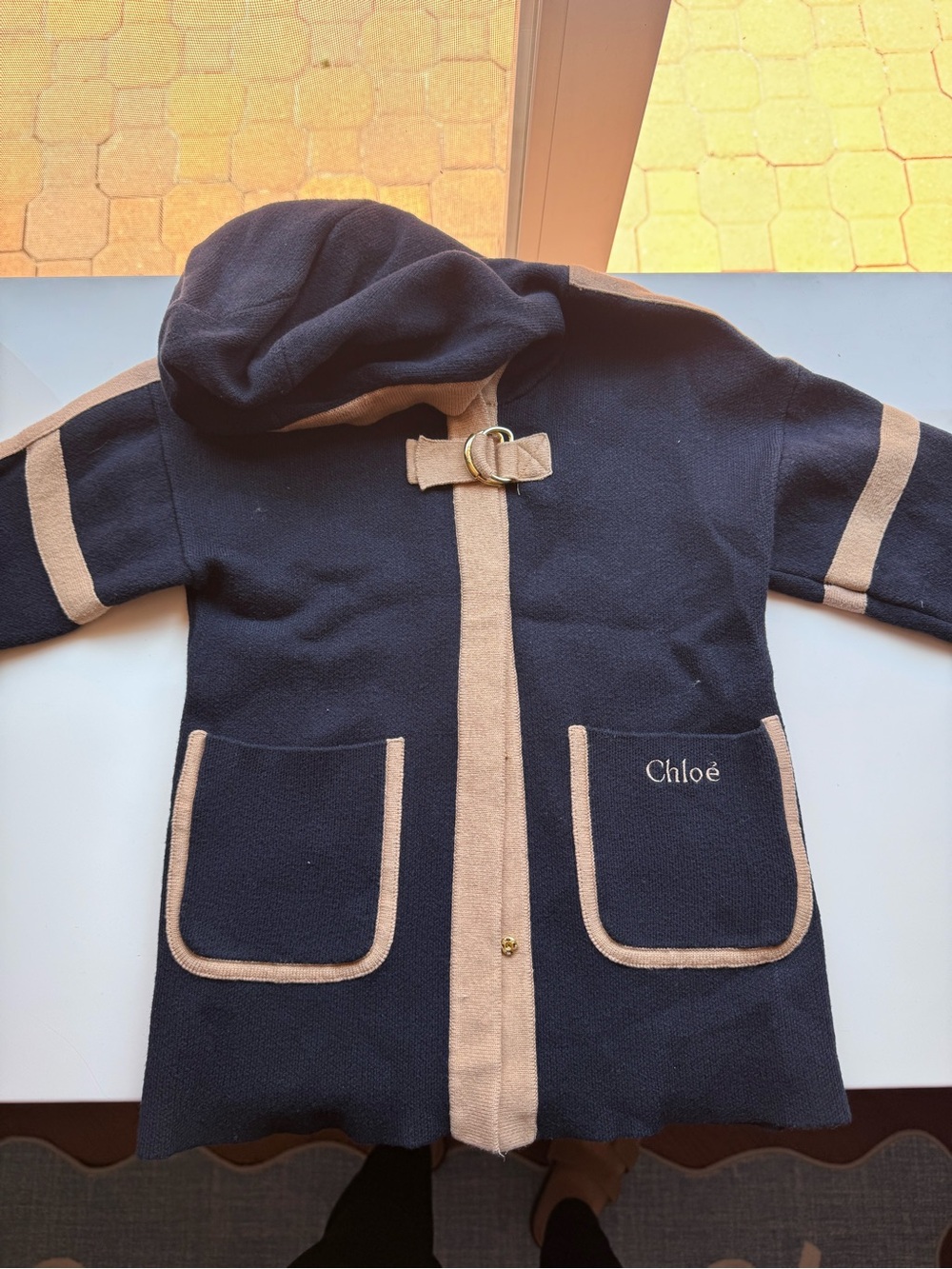 Chloé Navy and Beige Hooded Kids Coat